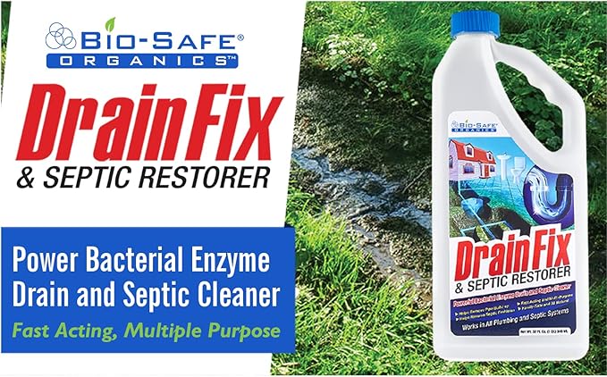 DrainFix & Septic Restorer – 32 oz Enzyme Septic Tank Treatment & Drainfield Restoration – Organic Drain Cleaner for Sewer Lines, RV & Home Plumbing – Safe for Pipes & Septic Systems