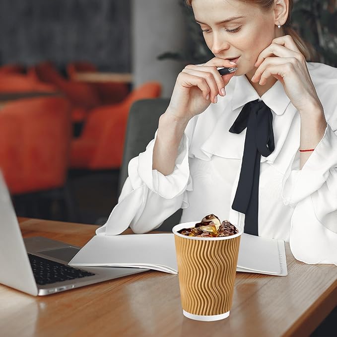 Lamosi Disposable Coffee Cups 12 OZ 100 Pack, Paper Coffee Cups 12 OZ for Hot Drinks or Cold Beverages, Insulated Corrugated Ripple Wall Cup No Lids for Office, Cafe, Home or Travel (Champagne)