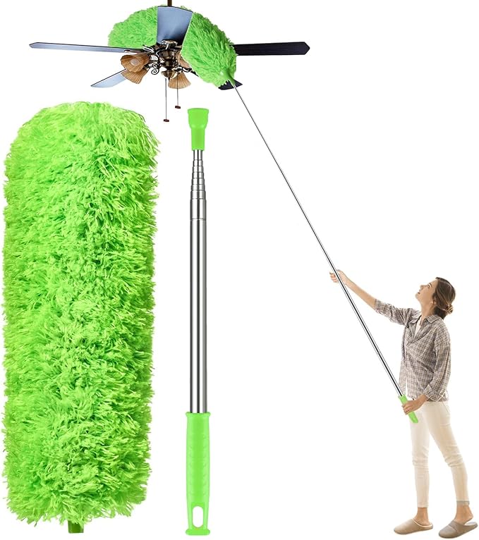 Dusters for Cleaning High Ceiling Fan, Newliton Microfiber Feather Duster with 30'' to 100'' Telescoping Extension Pole, Long Extendable Duster for Home Car Furniture Cobweb, Green