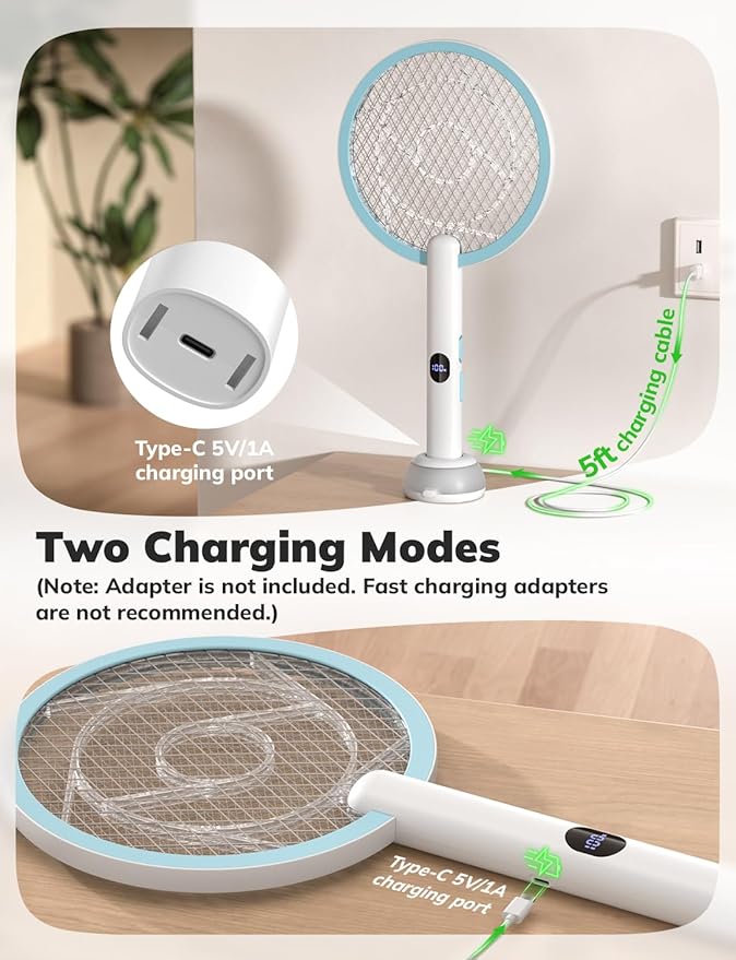 YISSVIC Electric Fly Swatter Bug Zapper Racket 4000V LED Screen Dual Modes Fly Zapper Rechargeable for Indoor Home Office Backyard Patio Camping