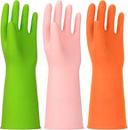 3 Pairs Rubber Cleaning Gloves Latex Free Dishwashing Gloves - 13" Reusable Nitrile Gloves Medium, Green+Pink+Orange