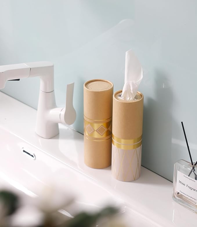 Car Tissue Holder with 3-ply Facial Tissues Bulk Gold Foil Car Tissues Cylinder, Tissue Holder for Car, Travel Tissues for Car Cup Holder, Refill Car Tissue Box Round Container Kraft (3PK)