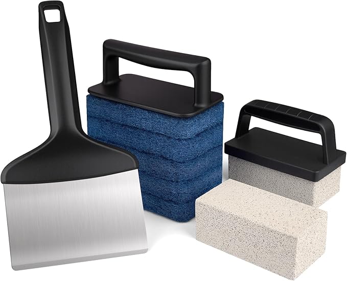 LIOUXUE Griddle Cleaning Kit for Blackstone, Flat Top Grill Cleaning Kit with Griddle Brush with Handle, Grill Stone Cleaning Brick, Scouring Pads & Griddle Scraper- Easy to Remove Stain