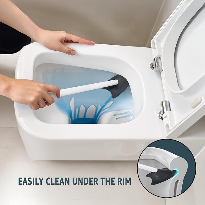 Broombi Sani-Flex Toilet Brush Squeegee and drip-Less Holder Set with a Patented Silicone Bristle-Free Head - no Mess, no clinging gunk or Poo, Super Clean Solution (White)