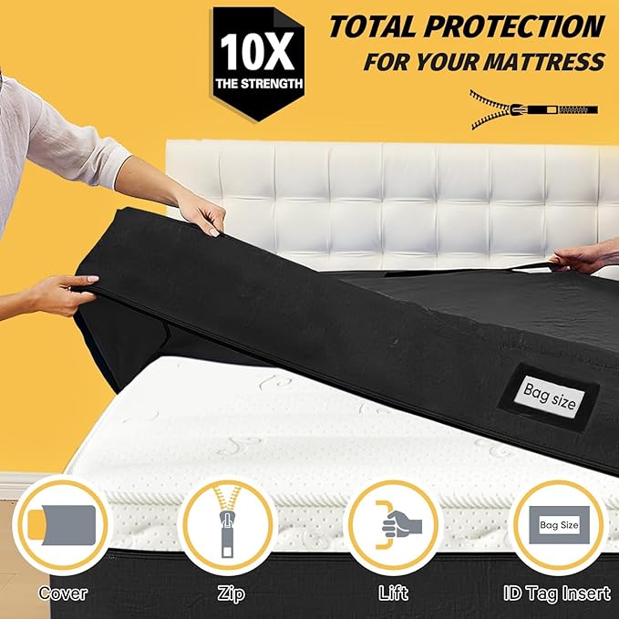 Mattress Bags for Moving and Storage, BETU Full Size Waterproof Mattress Protector Mattress Cover with 8 Heavy Duty Handles and Zipper Extra Thick Moving Supplies for Bed Reusable (77x57x13.5 Black)