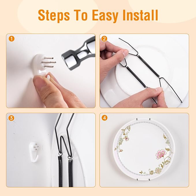 Bilillo 12 Piece Stainless Steel Plate Hangers - 8/12/14 Inch Invisible Heavy Duty Wall Plate Holder with 12 Pieces Wall Hooks for 7.5 to 16 Inch Decorative Plates and Arts (Black)