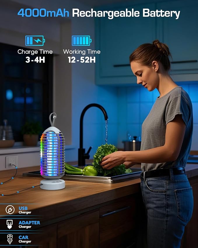 Bug Zapper Outdoor with Marquee Light, Cordless Mosquito Zapper, 4000mAh Rechargeable Electric Bug Zapper Indoor, Auto On/Off Waterproof Mosquito Trap Fly Zapper for Patio Backyard Kitchen Camping