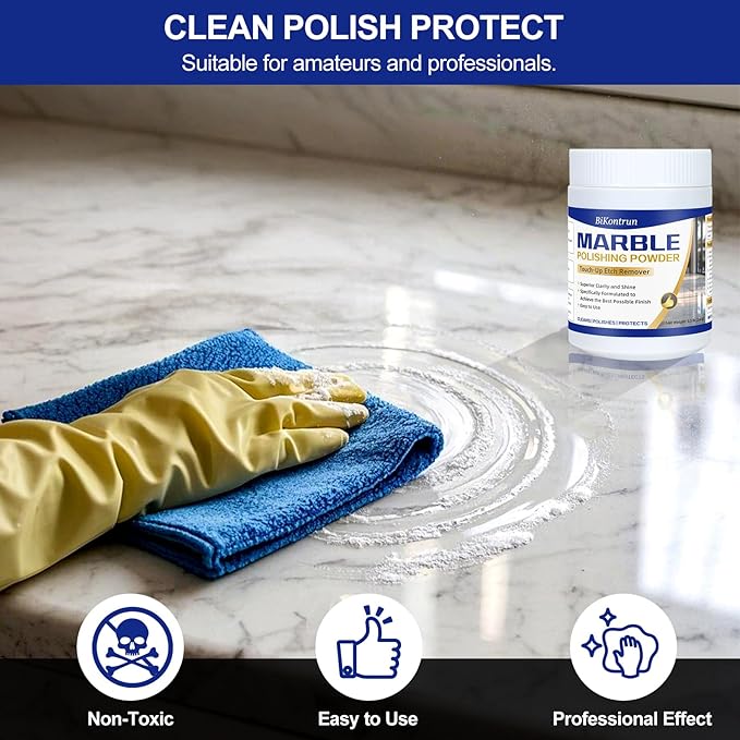 Marble Polishing Powder, Professional Touch-Up Etch Remover, Restore Shine Remove Water Stains Scratches Rings Etches for Marble Stone Granite Quartz Tile Floor Countertop Surfaces Polishing Care