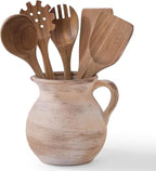 MIYUKI Rustic Kitchen Utensil Holder - 7.6 Inch Ceramic Utensil Crock for Countertop, Vintage Kitchen Counter Decor