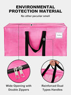 12 Pack Large Strong Moving Bags with Zippers & Carrying Handles - Water-Resistant - Heavy Duty Storage Tote for Space Saving, Fold Flat, Alternative to Moving Box (Pink)