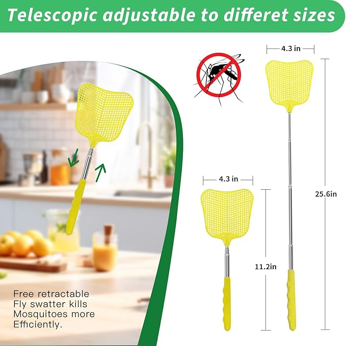 MYSTICHOME Fly Swatter 1 PCS, Durable Heavy Duty Plastic Fly Swatters, Stainless Steel Telescopic FlySwatter for Indoors/Outdoor/Kitchen/Garden (Yellow)