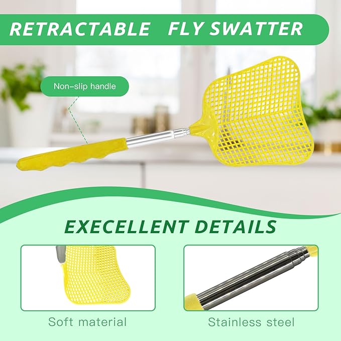 MYSTICHOME Fly Swatter 1 PCS, Durable Heavy Duty Plastic Fly Swatters, Stainless Steel Telescopic FlySwatter for Indoors/Outdoor/Kitchen/Garden (Yellow)