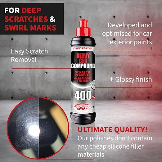 menzerna Heavy Cut Compound 400" Car Polish I Heavy Cut, Medium Cut & Finish I Buffing & Polishing Compound for Scratch Repair I for Scratches, Swirls & Holograms I High Abrasion, Silicone Free I 8oz