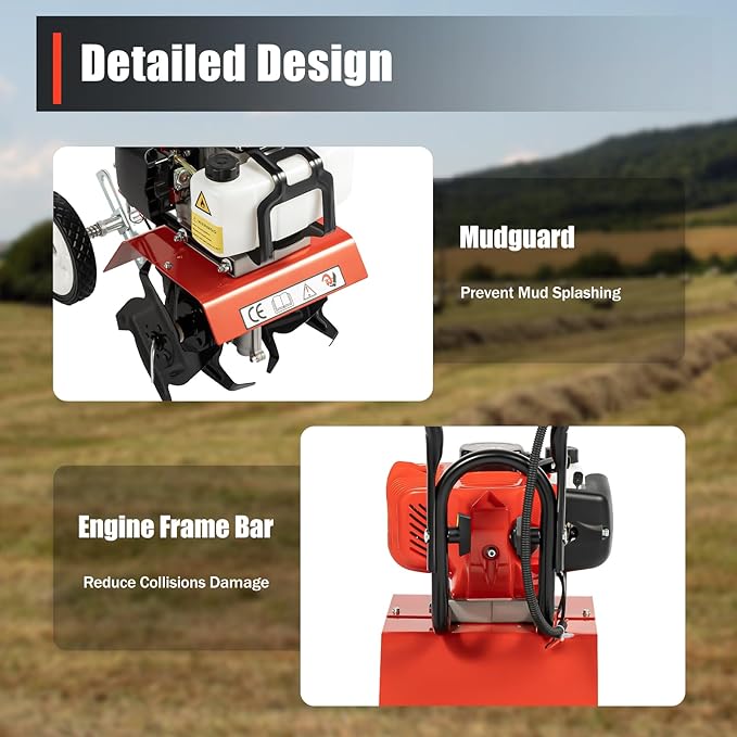 52cc 2 Stroke Gas Mini Tiller Cultivator, 1700W Garden Tiller with Widened Mud Flap and 4 Steel Tines, Gas Powered Garden Tiller Cultivator for Garden, Lawn, Soil Cultivation, 6500-7000RPM