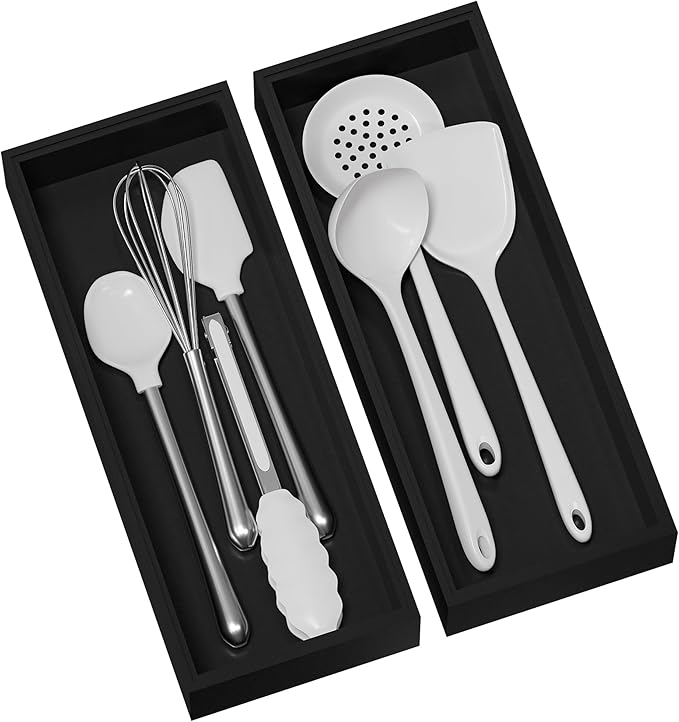 Kitchen Drawer Organizer Bins, Stackable Bamboo Drawer Organizer for Silverware, 2 Pcs Toilet Paper Basket Holder, Wood Bathroom Tray Countertop, Toilet Tank Tray Black 15" x 6" x 2.5"