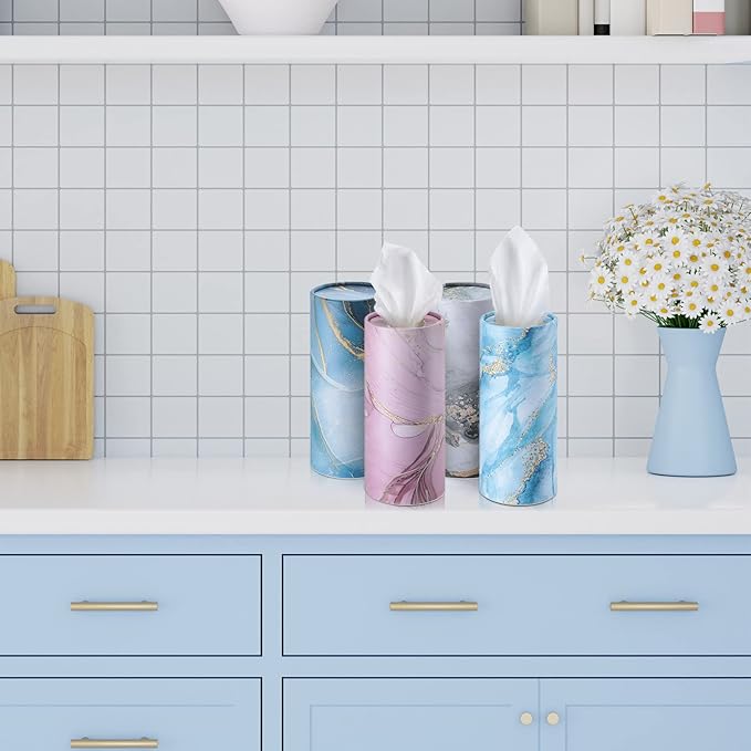 Outus 12 Pcs Car Tissues Cylinder Holder with 3 Ply Facial Tissue Bulk Black White Round Tissue Holder Travel Tissues Boxes Container for Car Cup Wedding Birthday Party(Marble)