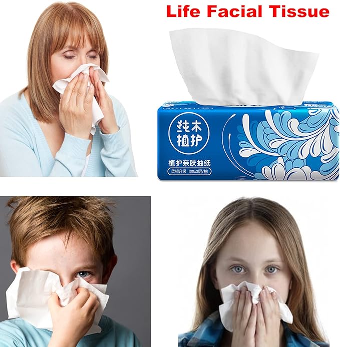 Pack of 6, Small Facial Tissues, Toilet Paper, Disposable Napkins, Material Wood Pulp Fiber NOT COTTON, White Facial Paper Tissue, 3-Ply, 300 Sheets per Pack