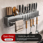 New Multi-Functional Kitchen Rack Home Wall-Mounted Knives Chopstick and Spoon Storage Rack Punch-Free cookware draining Rack, 50, Black