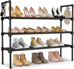 LANTEFUL 3 Tier Shoe Rack for Closet, Shoe Organizer with 5 Hooks, Long Shoe Shelf Storage for Sneaker and Boot Stackable Free Standing Shoe Rack for Entryway, Garage, Small Spaces, Dorm