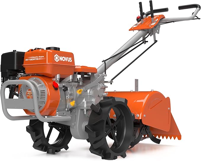 NOVUS 18-Inch Dual Direction Rear Tine Tiller, 212cc 4-Cycle Gas Engine, Full Gear Transmission, Dual Rotating Tines, Airless Tires Gas Tiller for Small to Large Gardens