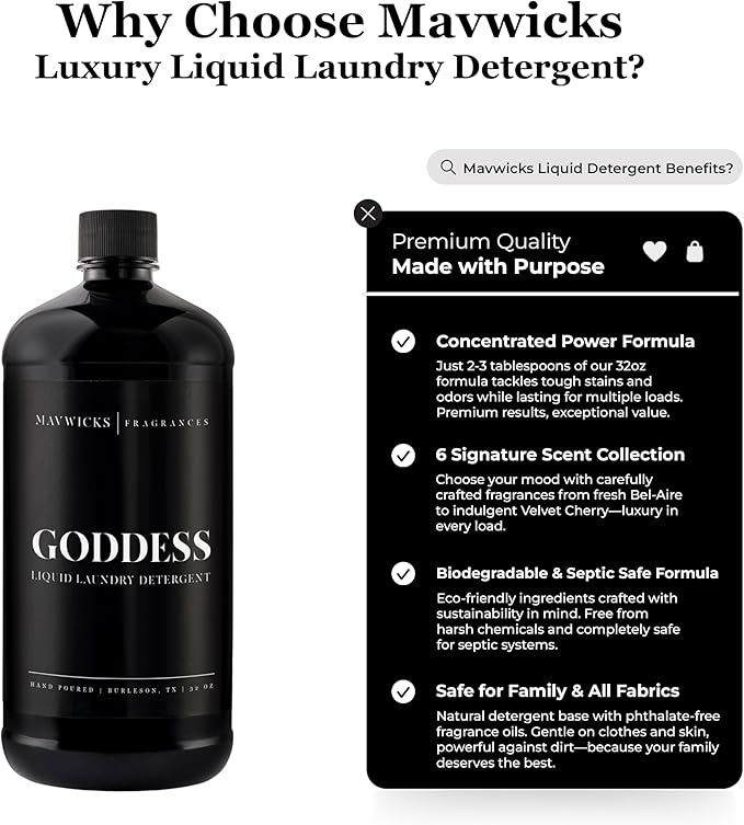 Laundry Liquid Detergent (Goddess) - 32 Oz Laundry Perfume Bottle for Men & Women, Stain & Odor Remover, Deep Clean, Long-Lasting Fragrance and Freshness for All Fabrics