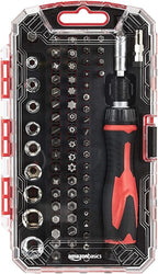 Amazon Basics Magnetic Ratcheting Wrench and Electronics Precision Screwdriver Tool Set, 73-Piece, with Carry Case for Household Repair, Small Jobs, Eyeglasses, Black/Red/Silver