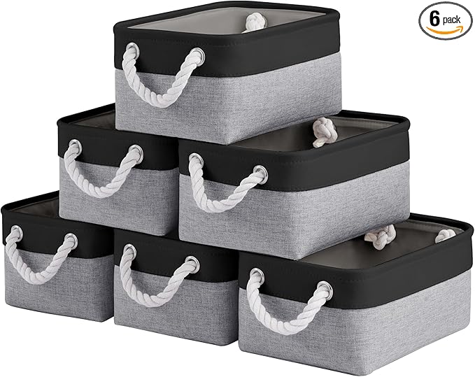 Storage Baskets for Shelves 11.8x7.9x5.2 Inch-Foldable Fabric Organizing Storage Bins with Handles, Closet & Bathroom Organizer, Home Storage for Kitchen, Office (6-Pack, Black&Gray)
