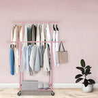 Fishat Portable Pink Double Rods Garment Clothes Rack for Drying with Rolling Clothes Organizer on Lockable Wheels Mobile for Girls Women, 48"W x 15"D x 67"H, Metal Simple Hanging Clothes with 2 Hook