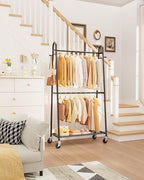 Sakugi Heavy Duty Clothes Rack, Metal Clothing Rack with Double Hanging Rods, 4 Hooks & Mesh Shelf, Freestanding Garment Rack with Triangular Design for Bedroom Closet, 36.5" x 16.9" x 72.8", Black