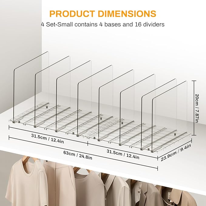 Purse Organizer for Closet Organizers and Storage, Adjustable Clear Shelf Dividers for Purse Organizer for Closet, Closet Shelf Organizer Suitable for Bookshelf Dividers, Bedroom, Offices(4 Set-Small)