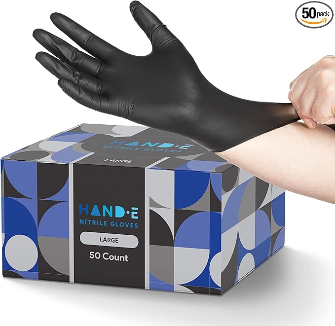 Hand-E Touch Black Nitrile Disposable Gloves Large, 50 Count - BBQ, Tattoo, Hair Dye, Cooking, Mechanic Gloves - Powder and Latex Free - Tattoo Supplies