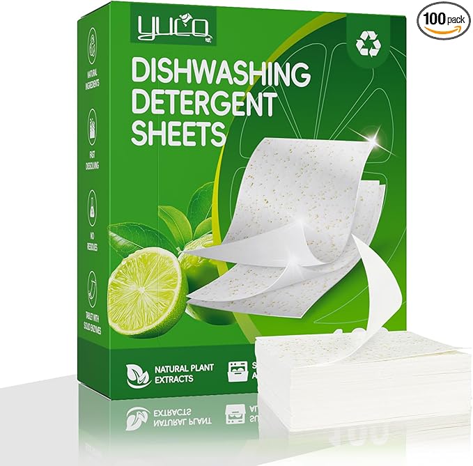 Dishwasher Detergents Sheets-100% Natural Plant-Based Eco Dishwashing Soap Solid Enzymes Grease Removal & Shiny Finish Compatible with Large & Small Dishwashers Tablets Residue-Free (Orange)