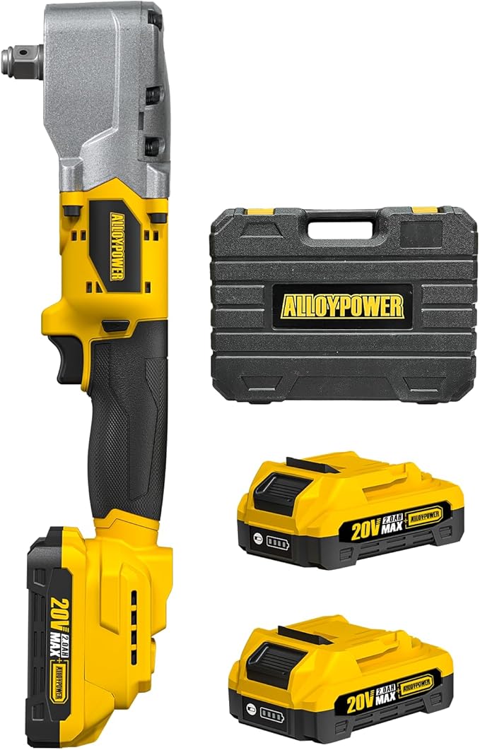 ALLOYPOWER 20V Brushless Right Angle Wrench, 207 Ft-lbs（280N.M） High Torque Cordless Power Tool with 2×2.0Ah Batteries, LED Light, 2-Speed Control, Compact 90° Design for Tight Spaces