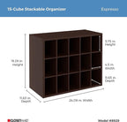 ClosetMaid 15 Cube Stackable Storage Organizer for Shoes, Bags, Crafts, Hobbies with Wood Shelves, for Closet, Entryway or Mudroom, Espresso