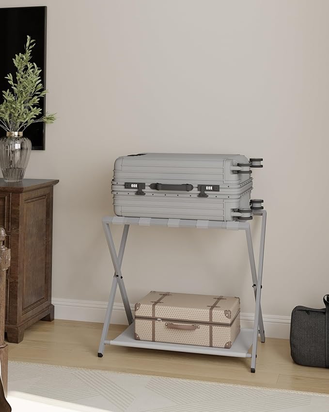Hzuaneri Luggage Rack, Folding Suitcase Stand for Guest, Foldable, Luggage Holders with Shelf, Steel Frame with Nylon Straps for Bedroom, Hotel, Holds up to 154 lb, Grey, 2 Pack LR03999G