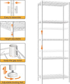 HOMEFORT 5-Shelving Unit, Adjustable Wire Shelving, Metal Wire Shelf Rack Organizer for Kitchen, Pantry, Closet, Bathroom, Laundry, White,21" W x 11" D x 53" H