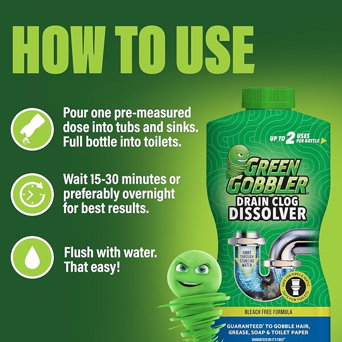 Green Gobbler Drain Clog Dissolver | Powerful Liquid Drain Opener & Toilet Clog Remover | Safe for Pipes & Septic | 2 Pack