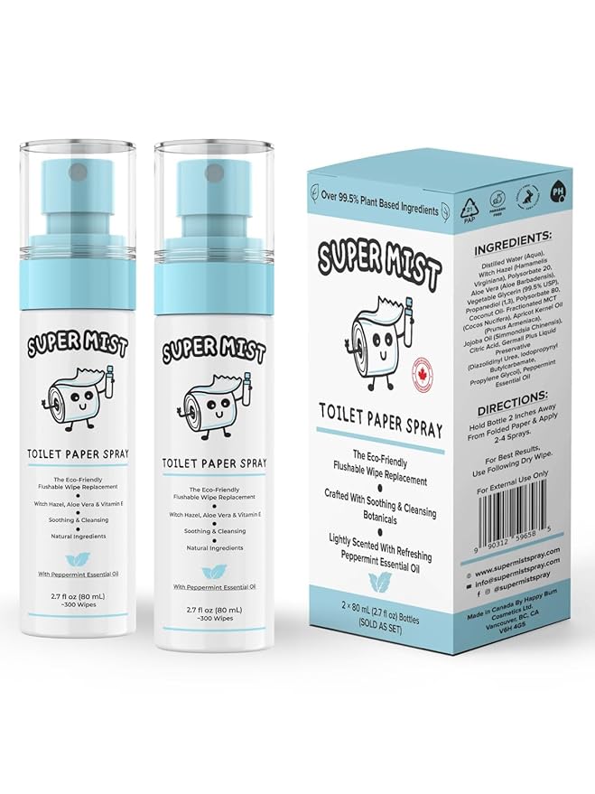 Toilet Paper Spray - 2 Pack (2 X 2.7 fl oz./600+ Wipes) Cleansing & Soothing Flushable Wipes Alternative - Witch Hazel, Aloe Vera & Peppermint Essential Oil - Travel Size