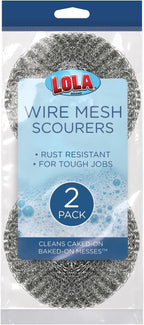 LOLA Steel Wool Wire Mesh Scouring Pad, 2 Pack, Galvanized Steel Knitted, Heavy Duty, Abrasive Scrubber, Powerful for Pots, Pans, Ovens, Grills