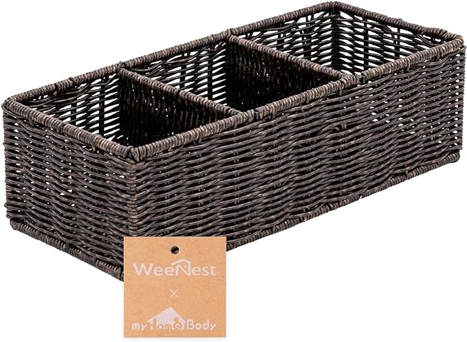 myHomeBody Wicker Basket With 3 Compartments, For Toilet Tank Paper Rolls, Hand Woven Bathroom Countertop Organizer, Bedroom Organization, 1pc, Rustic Brown