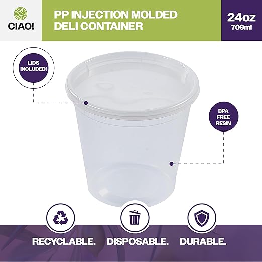 CIAO! 24OZ PP Injection Molded Soup-Deli Container with LLDPE Lid, Microwavable and BPA Free (240/240 combo pack)