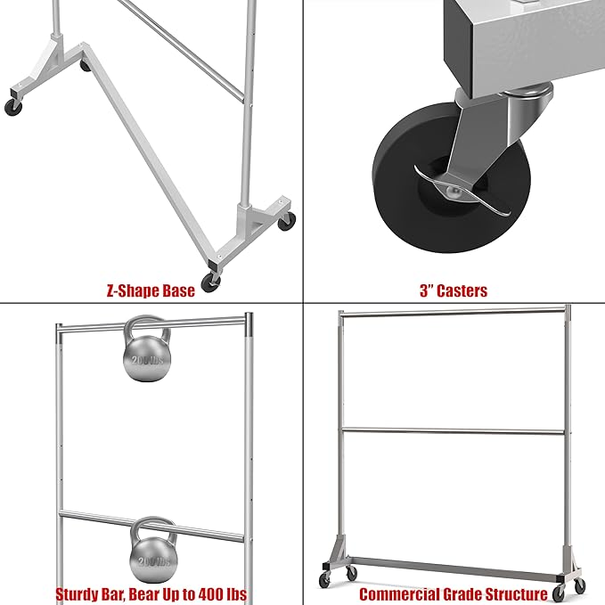 Simple Houseware Commercial Grade Z-Base Double Rod Garment Rack, 600lb Load, 63 inch, Silver