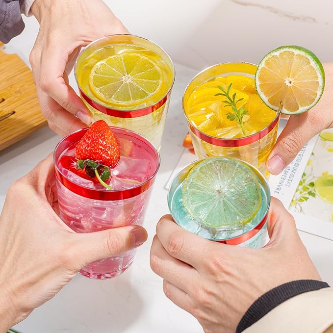 DaYammi 100 Pack Red Plastic Cups 10 Oz Clear Red Rimmed Plastic Cups for Party Fancy Disposable Cup for Wedding Disposable Glasses Clear Tumblers with Rim for Christmas Elegant Wine Cocktail Cup