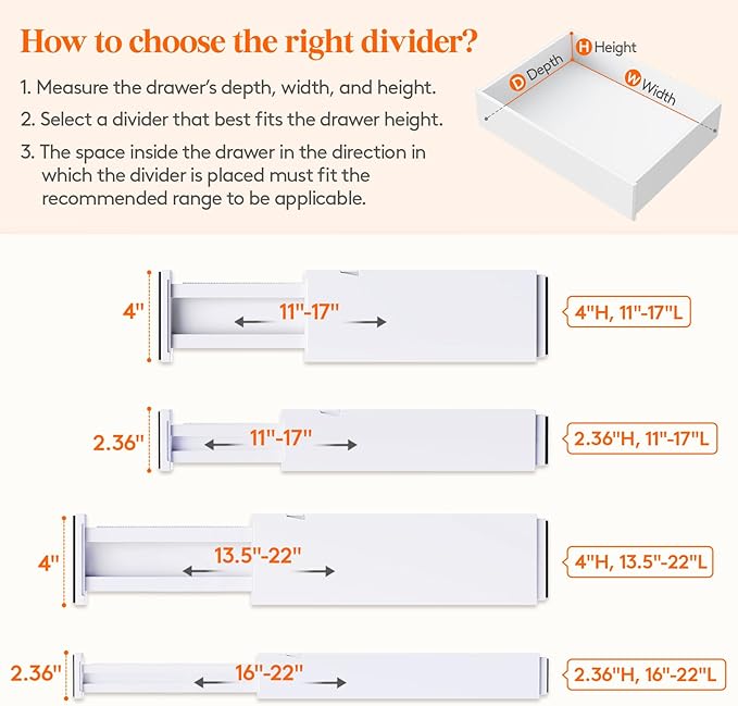 Lifewit 5 Pack 2.36" High Drawer Dividers 40-56cm/16-22 Adjustable Drawer Organizer for Clothes/Utensils, Expandable Drawer Separator in Dresser/Kitchen/Bedroom/Office Organization & Storage White