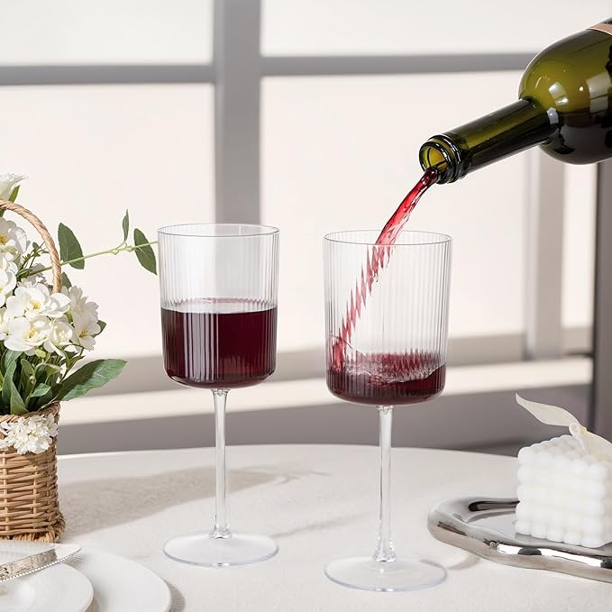 Ciaell 12 PCS Plastic Ribbed Wine Glasses - 10 OZ Plastic Square Wine Glasses with Stem - Disposable Champagne Cups for Parties & Weddings & Party