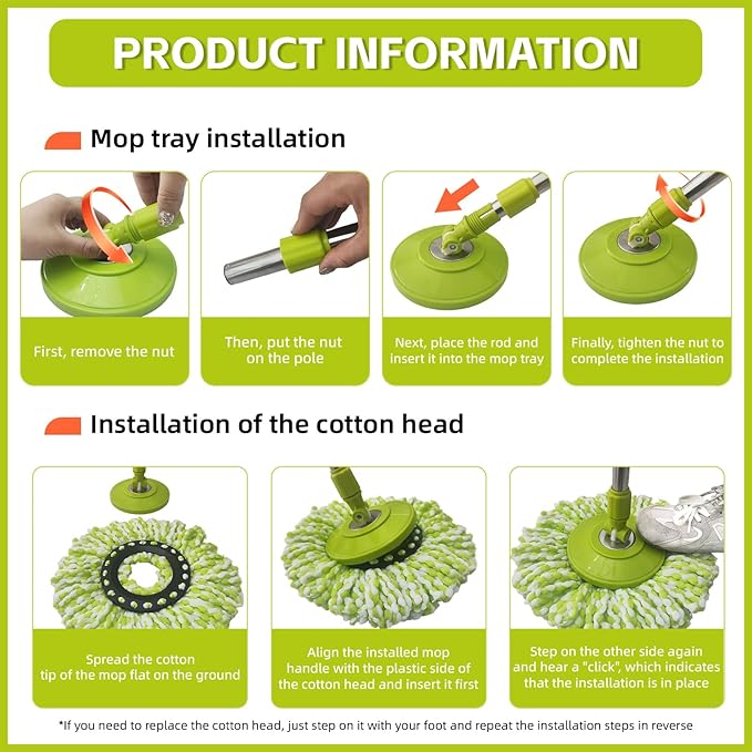Spin Mop Replacement Handle, 47.6-inch 360 Degrees Rotating Telescopic Replacement Mop Stick with a Robust Stainless Steel Disc for Spin Mop Bucket Cleaning System (Stainless Steel Disc,Green)