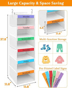 punemi Weekly Clothes Organizer for Kids, 6-Shelf Hanging Closet Storage with Side Pockets, Days of The Week Design, 11.8" x 11.8" x 37.8", Perfect for Organizing a Week's Worth of Kids' Clothing