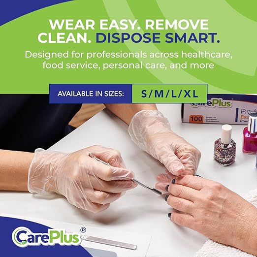 CARE PLUS Latex-Free Vinyl Gloves Clear Extra Large Size 100 Count | Heavy Duty, Non-Sterile, Powder-Free, Rubber | Food Prep, Kitchen & Cleaning Gloves, Ideal for Professional Use