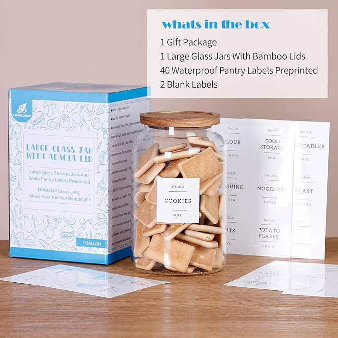 1 Gallon Large Glass Cookie jar with Airtight Acacia lids - Thicken Big Food Storage Containers with 42 Kitchen Waterproof Pantry Labels Preprinted - Clear Glass Canister for Flour, Rice, Coffee