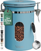 Veken Coffee Canister with Window, Airtight Stainless Steel Kitchen Food Storage Container with Lids, Date Tracker and Scoop for Grounds Coffee, Beans, Tea, Flour, Cereal, Sugar Jars, 22OZ, Blue